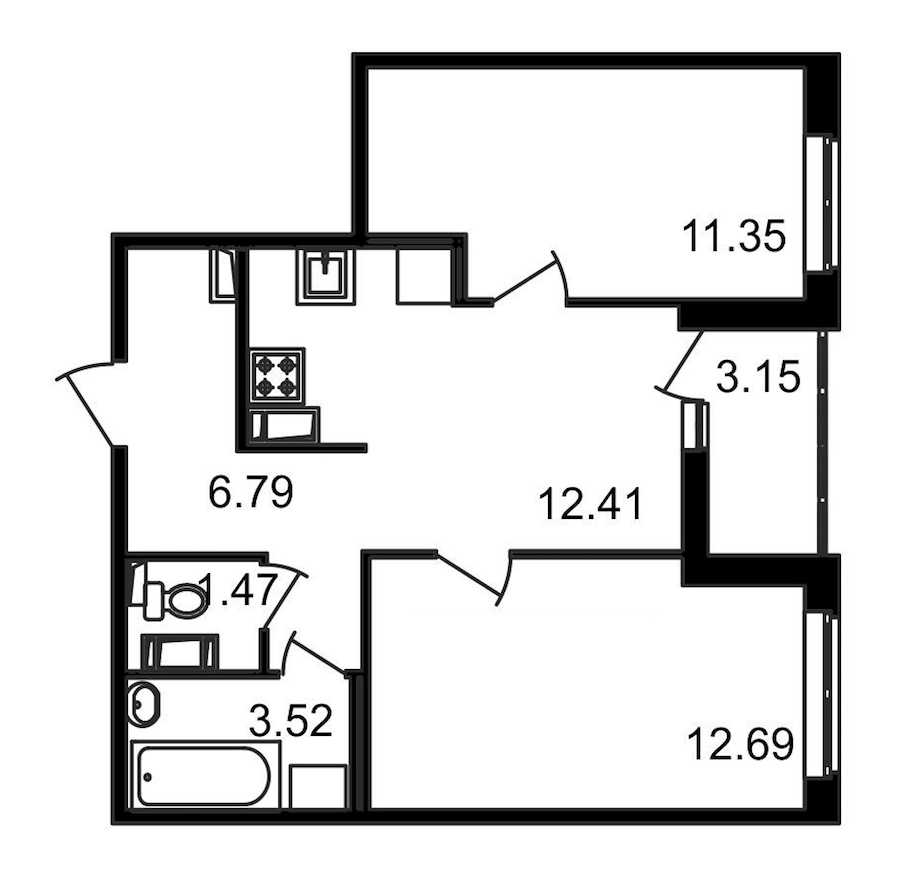 Двухкомнатная квартира в : площадь 51.38 м2 , этаж: 12 – купить в Санкт-Петербурге